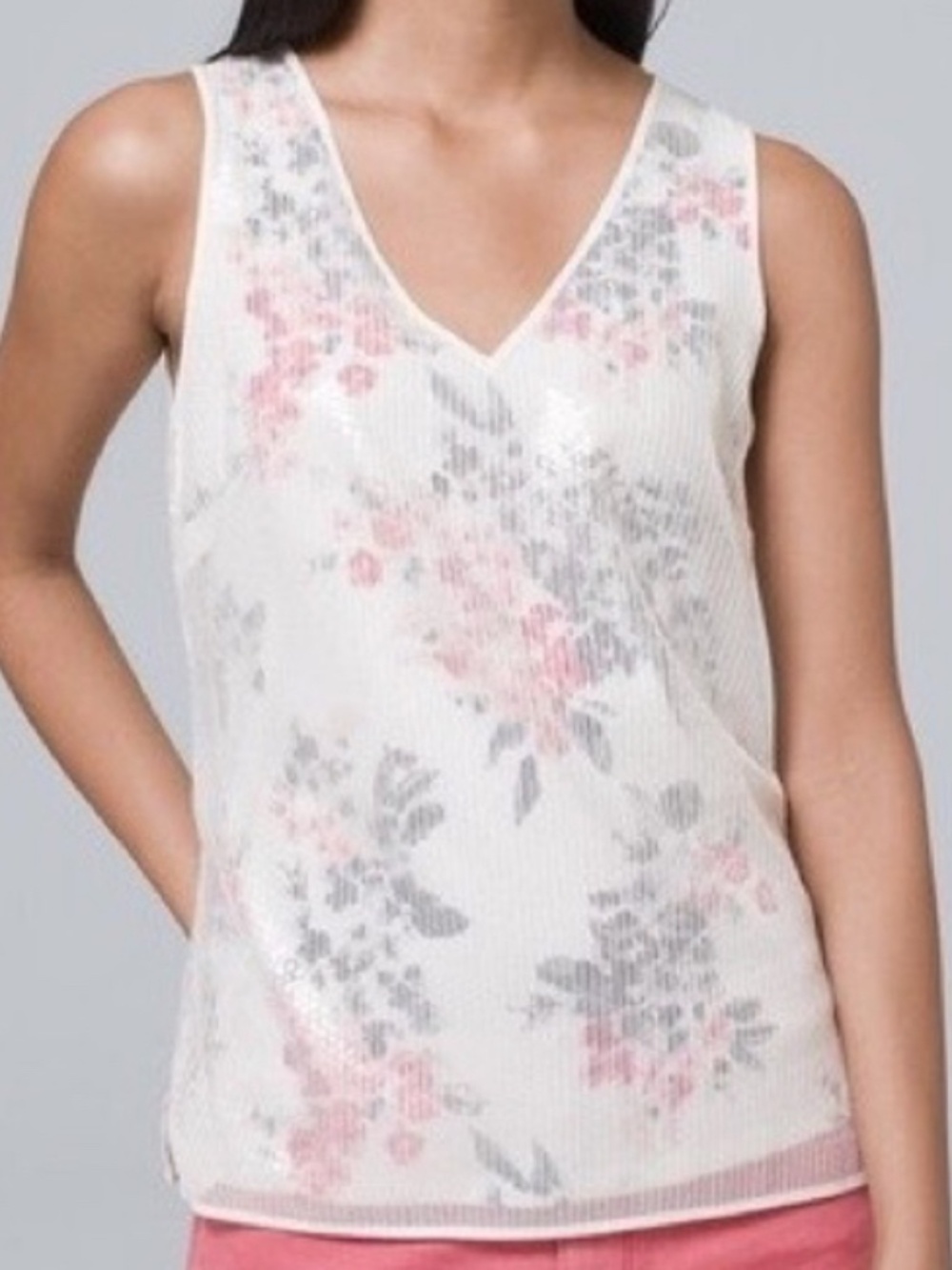 White House Black Market Sleeveless Floral Blouse Top w/ Sequin Overlay